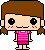 Pixel art character with brown pigtails, pink striped shirt, and red blush marks on cheeks; two expressions shown side-by-side.