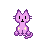 Two static pixel art cats in purple and pink hues, one with closed eyes and a smile, the other with open eyes and an angry expression.