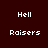 Four identical pixelated text arranged in a , each displaying 'Hell' above 'Raisers' on solid backgrounds