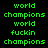 Green pixelated text on black background cycles through 'world', 'champions', and 'fuckin' with white rectangular highlights shifting across the text