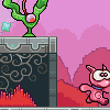 Pixel art scene with pink character, green plant-like creature, and mechanical structure against red and purple background.