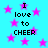 Cyan background with pink stars and repeated text "I love to CHEER" in black pixelated font.