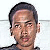 A person appears in three distinct views: top-left shows a neutral expression with short dark hair against light background, top-right has same face with red shirt and blue-green backdrop, bottom-left wears white cap and sunglasses on maroon clothing.