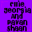 Purple background with repeated text 'emie georgia And pavan shaan' in black pixelated font, interspersed with small pink stars.