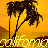 Pixelated image of palm trees against a yellow-orange gradient background with stylized text at the bottom.
