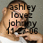Pixelated image of a person with light brown hair wearing a white top, overlaid with black text reading 'ashley loves johnny 11-27-06'.