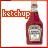 Pixelated ketchup bottle icon with orange text label in first frame, transitioning to empty space in second frame.