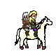 Pixelated character with blonde hair rides white horse across gray background, carrying brown backpack with white accents.