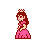 Pixel art of a princess in pink dress and crown, alongside two Mario figures with red hats and black pants on gray background.