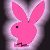 Pink bunny silhouette with black eye and dark pink feet against a glowing white outline on dark background.