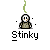 Pixelated character with white face and brown clothing emits green smoke above head, text "Stinky" below, static background.