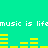 Pixelated cyan background with repeated white text 'music is lif' and yellow audio equalizer bars in two horizontal