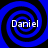 Four identical blue spiral patterns with black outlines, each containing the text "Daniel" in white pixelated font, arranged in a on a black background