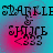 Pixelated text 'SPARKLE' and 'SHINE' with musical notes on a cyan-pink gradient background, animated in four quadrants.