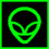 Two side-by-side pixelated alien head icons with green outlines on black and solid green backgrounds.