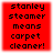 Red square icon with black pixelated text reading "stanley steamer means carpet cleaner!" in four lines.