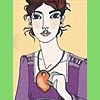 A stylized illustration of a person with brown hair, wearing a purple jacket over a white shirt and an orange pendant necklace, against a beige background with green side borders.