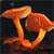 A pixelated orange and brown abstract shape resembling a stylized animal or creature against a dark background.