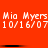 Red background with white pixelated text repeating "Mia Myers" and date "10/16/07" in two horizontal , separated by black lines