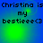 Pixelated text reads "Christina is my bestieee<3" on a blue-green gradient background with green light effects.