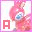 Pixelated pink-haired figure with blue eyes holding a white object, standing against light background with large red 'A' on left side.