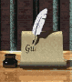 Animated sequence showing a guestbook with feather quill and inkwell on wooden surface against striped backdrop.
