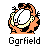 Pixel art buddy icon featuring two cartoon characters with text labels below each, set against a solid gray background.