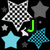 Black background with star-shaped icons in various patterns and colors, including checkered white/black, solid light blue, solid gray, and cyan dot-matrix styles.