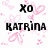 Pixelated black text 'XO KATRINA' on white background with pink heart-shaped and abstract pixel clusters scattered around.