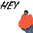 A 4-frame contact sheet of a pixelated animated icon showing a person in an orange shirt and blue pants with repeated "HEY" text, arranged in a grid layout with varying text counts per frame.