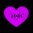Four identical purple heart-shaped icons with black text "M+M" centered on each heart against a black background.