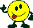 Yellow circular character with dark green limbs, black eyes and mouth, red tongue sticking out, waving left arm on gray background.