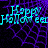 Animated 'Happy Halloween' text in cyan with purple spiderweb background, showing motion blur across frames.