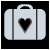 Animated sequence of a light gray suitcase with dark vertical stripes and a black heart symbol on its front, rotating through multiple angles against a black background.