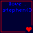Four identical blue text with red borders display "ilove . stephen<3" and change heart symbols across frames