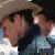 Animated sequence showing a person in a cowboy hat and dark jacket with light blue shirt, transitioning from side profile to close-up embrace pose.