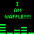 Green pixelated text and bar graphs on black background, repeating "I AM WAFFLE!!!!!" with horizontal green bars shifting positions.