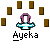 Pixel art icon with a central figure having purple hair and blue-and-white attire, surrounded by brown rectangular shapes on gray background.