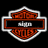 Two side-by-side Harley-Davidson-style emblems with orange and white text on black backgrounds, each featuring 'MOTOR' at the top and 'CYCLES' at the bottom.