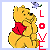 Pixelated cartoon icon of Winnie the Pooh holding a red flower with "LOVE" text in red letters and a small blue butterfly above, on white background with light purple border.
