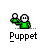 Pixel-art puppet figure with green body and white face holding white ball, labeled 'Puppet' with speech bubbles showing text variations.