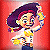 Pixelated cartoon character with purple hair and yellow outfit against red background, static single-frame image.