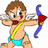Pixelated cartoon figure with brown hair, red cheeks, and blue shorts holds a bow and arrow; text reads 'cupid stuck me' on black background.