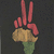 Pixelated hand in peace sign above a flower with green stem on dark background.