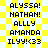 Yellow and white checkered background with dark blue pixelated text reading ALYSSA!, NATHAN!, ALLY, AMANDA, ILYY!.<33 in two identical vertical