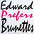 A four- displays text and imagery: top-left features 'Edward Prefers Brunettes' in black and pink script, top-right shows a person with sunglasses on a blurred background, bottom-left has 'Edward Cullen' text over green gradient circles