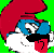 Pixelated icon of a character with red hair, blue face, black mustache, white eyes, and red tongue against green background.