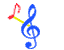 Blue treble clef with red, purple, green, and yellow musical notes radiating from its center on a white background.