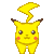 Pixel art contact sheet of six Pikachu frames showing facial expressions and tail positions on gray background