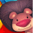 A 48x48 pixel animated buddy icon featuring a cartoon lion mascot with brown fur, pink face, and red mouth, shown in two sequential frames of an animation cycle against a blue background with yellow accents.